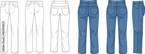Multi-view jeans, fashion sketch, technical drawing, denim illustration, garment design, stitching