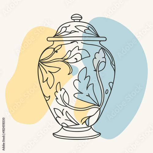 Elegant outline vase with floral motifs and abstract background