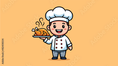 Cute Happy Chef Holding Hot Roasted Chicken Cartoon Vector Icon Illustration Food Concept Isolated Premium Vector.