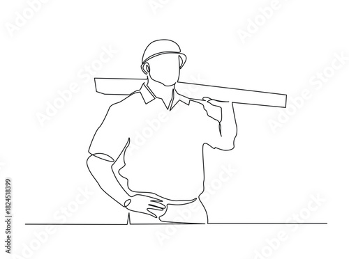 Single Continuous Line Drawing of a Construction Worker or Carpenter Carrying a Wooden Plank
