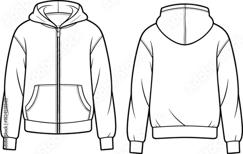 Padded winter jacket sketch, front, side, back view, fashion illustration, hooded coat design, garment template, outerwear drawing