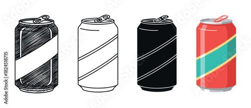 Set of four aluminum beverage cans in different artistic styles, including a hand-drawn sketch, simple line art, a black silhouette, and a colorful flat vector graphic