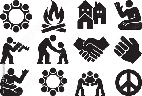 Brutalist Heritage Community Icons Set – Cultural Silhouette Collection.