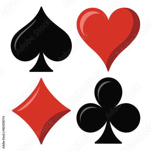 A collection of the four classic playing card suits, including spades, hearts, diamonds, and clubs, arranged in a grid pattern and isolated on a