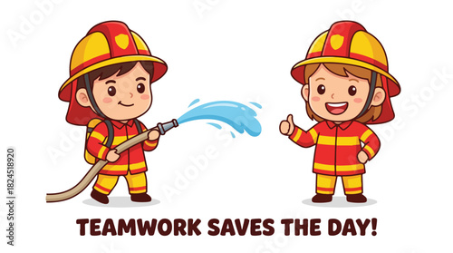 Two adorable cartoon firemen demonstrating teamwork with a hose and a thumbs up.