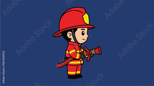 Cute Cartoon Firefighter Holding Hose Ready for Action.