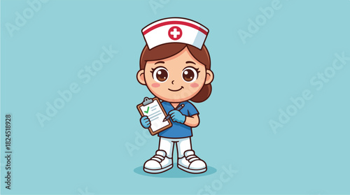 Cute Cartoon Nurse Character Writing on Clipboard.
