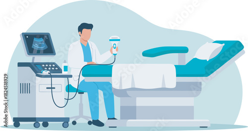 Doctor using ultrasound equipment in a medical examination room with a bed and monitor.
