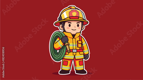 Cute Firefighter Cartoon Character with Hose.