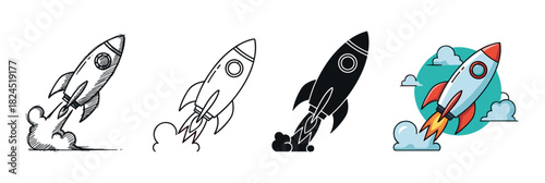Collection of four launching rocket illustrations presented in a variety of design styles such as doodle, outline, solid black glyph, and a vibrant flat cartoon graphic