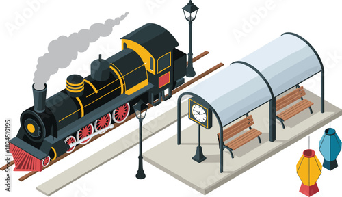 Isometric vintage train, steam locomotive, railway station, platform benches, station clock, hanging lanterns, classic transport, vector illustration