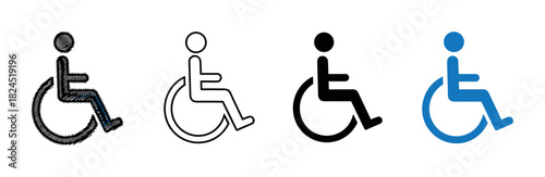 Set of four wheelchair accessibility icons in different graphic styles, including scribble, outline, and solid black and blue silhouettes for disability and handicap concepts