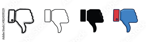 Set of four thumbs down icons showing different graphic design styles including hand drawn sketch, simple line art, solid black silhouette, and modern flat color illustration for disapproval