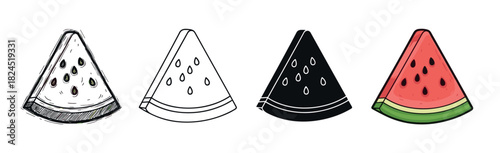 Four watermelon slice illustrations in different artistic styles, including hand-drawn sketch, simple outline, black silhouette, and full color cartoon for graphic design