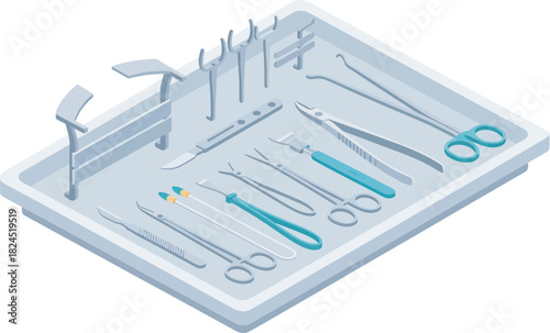Surgical instruments arranged neatly on a sterile tray, ready for a medical procedure.