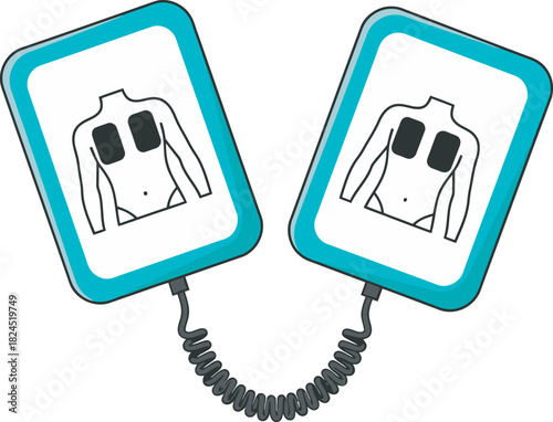 Illustration of two defibrillator pads, showing placement on a human torso.