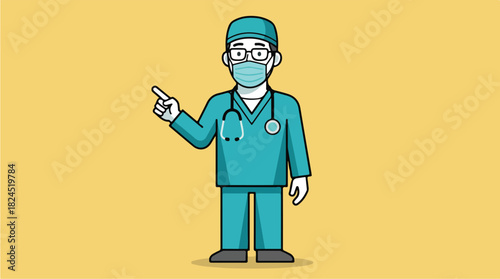 Doctor in Scrubs with Mask and Stethoscope Pointing.