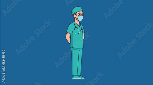Medical Professional in Scrubs and Mask Standing.