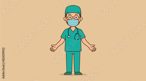 A male doctor wearing a face mask and scrubs stands with open hands.