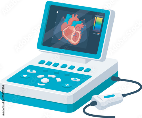 Medical ultrasound machine displaying a detailed image of a human heart.