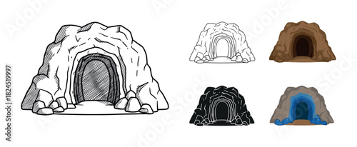 Set of five cave entrance illustrations in various artistic styles including hand-drawn sketch, simple line art, solid silhouette, and colorful cartoon for game assets or design