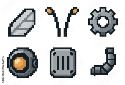 Set of six pixel art robot building parts for a constructor game, including a mechanical wing, antennae, gear, glowing eye, body panel, and a segmented leg sprite