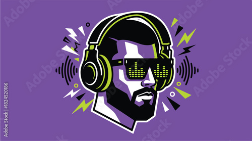 Man with headphones and equalizer glasses enjoying music on a vibrant purple background.