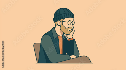 Thoughtful Man in Beanie and Glasses Pondering Deeply.