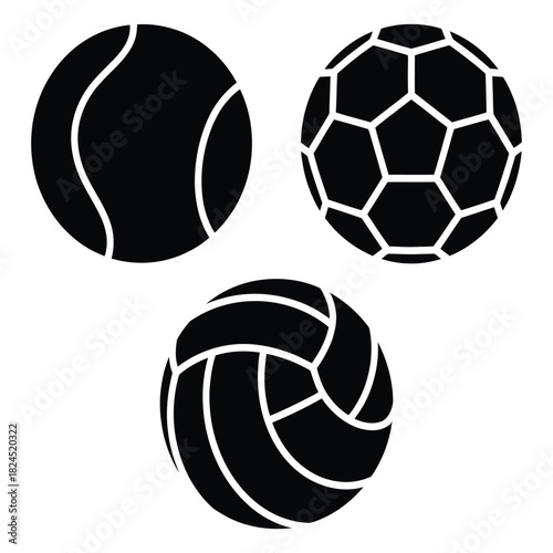 Black silhouettes of three popular sports balls a tennis ball, a soccer ball, and a volleyball, symbolizing athletic activities, team sports, and recreational games, isolated on