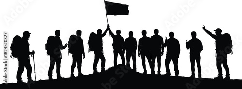 Silhouette of hikers standing on mountain peak holding flag, representing teamwork, success, leadership, unity, outdoor adventure, and victory concept.