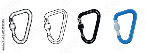 Set of four climbing carabiner icons presented in different illustration styles, including a detailed sketch, a clean outline, a solid black silhouette, and a blue flat color design