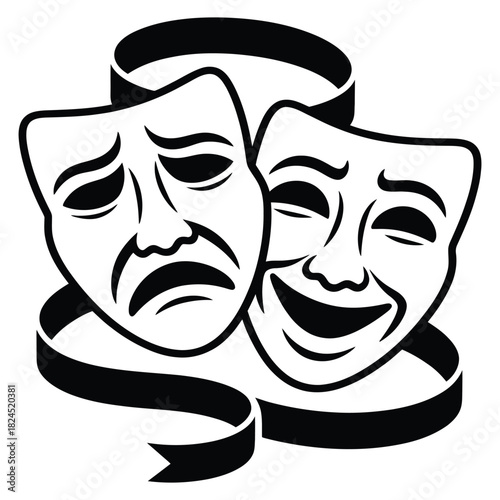 Classic theatrical masks of comedy and tragedy, intertwined with a decorative ribbon, symbolizing the duality of human emotion and performance art, isolated on