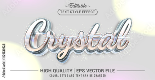 Editable text effect vector “Crystal”, featuring glossy, translucent, shimmering lettering inspired by crystal clarity, icy glow, and reflective gem-like highlights.