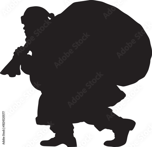 The silhouette of Santa Claus stalking with a large bag is made in gray on a transparent background for easy superimposition on any photos or documents.