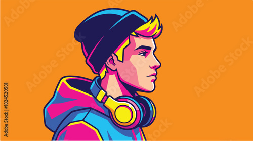 Stylish Young Man with Headphones and Beanie in Vibrant Pop Art Style.