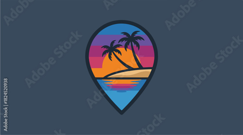 Tropical Sunset Beach Pin Location Logo Design.