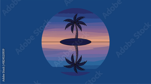 Palm Tree and Surfboard Silhouette at Sunset with Reflection.