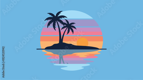 Tropical Island Sunset Silhouette with Palm Trees and Reflection.
