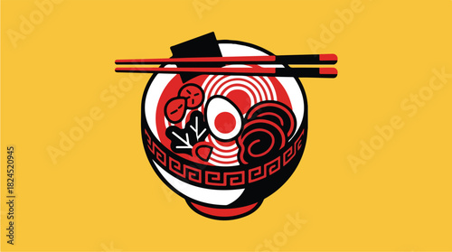 Delicious Ramen Bowl with Chopsticks on a Vibrant Yellow Background.