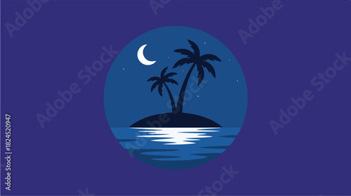 Tropical Island Night Scene with Palm Trees and Crescent Moon.