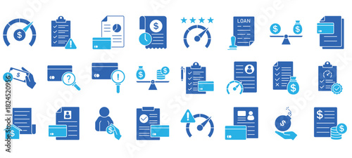 Creditworthiness assessment icon collection set. Containing credit, score, financial statement, income, debt, asset, liability, collateral icon.