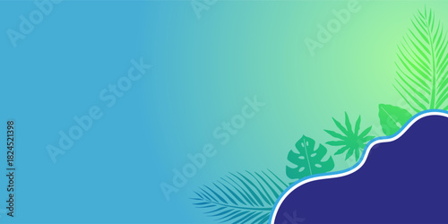 Mint and blue pastel gradient background with soft and smooth color and palm leaves element