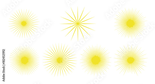 Collection of yellow sunburst graphics with a distressed texture on a white background.