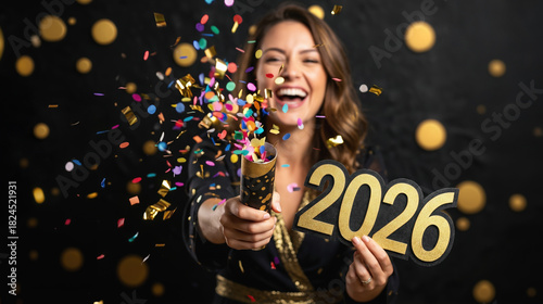 Happy woman celebrating New Year 2026 with a confetti popper and gold number sign. Festive party scene with colorful explosion and bokeh background.
