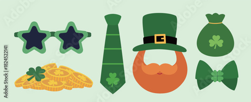 St. Patrick's Day element collection.
Includes  clover, pile of coins,leprechaun hat, mustache, party glasses, tie,  bow tie, and a money bag.
St patrick day photo booth and party stickers.
