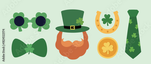 St. Patrick's Day element collection.
Includes clover, coins, horseshoe,  leprechaun hat, mustache, party glasses, tie, and  bow tie.
St patrick day photo booth and party stickers.
