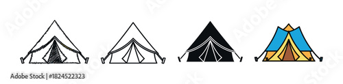 Set of four camping tent icons showing different artistic styles including hand-drawn sketch, clean line art, solid silhouette, and a flat color vector illustration