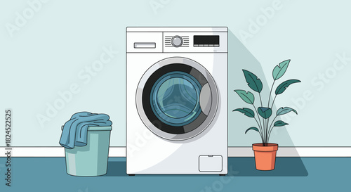 Modern white front-loading washing machine with laundry basket and potted plant.