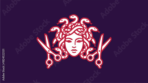 Medusa Hair Salon Logo with Scissors and Snakes.