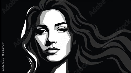 Striking Black and White Portrait of a Woman with Flowing Hair.